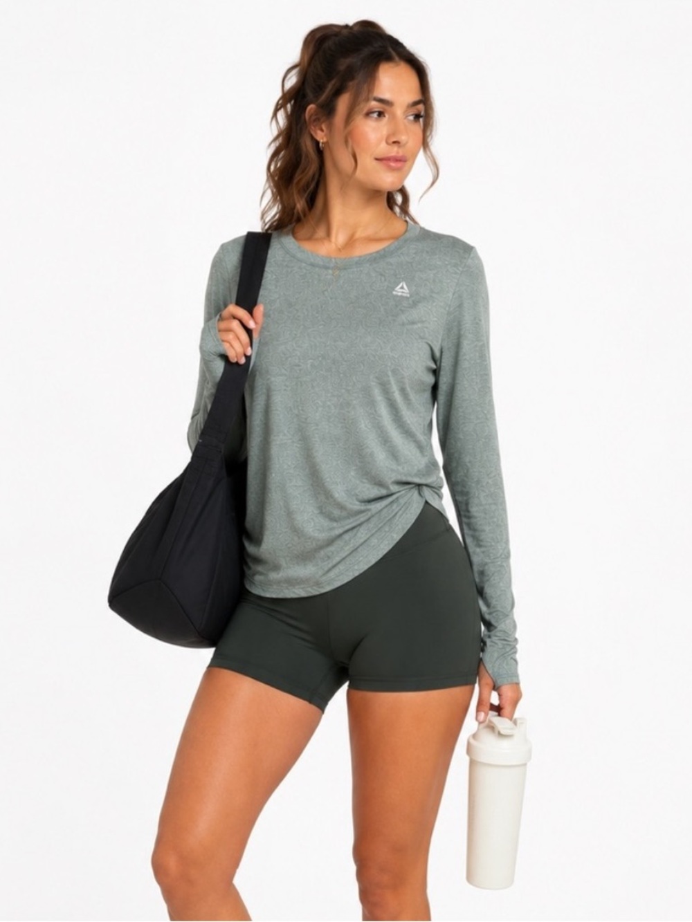 Reebok Performance Long Sleeve Top Heathered Green Grey Women’s Large